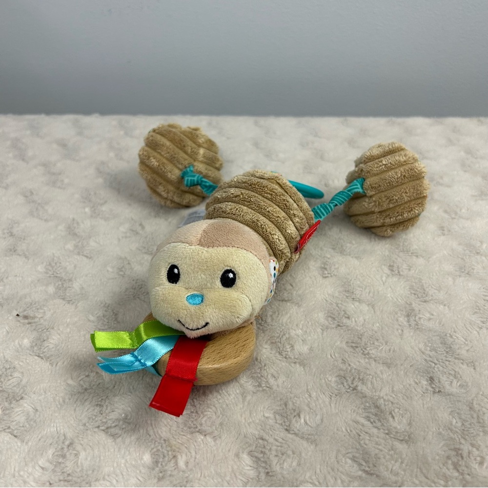 Infantino Monkey Pull Toy Brown Tan Red Blue Ribbon Wooden Teether Vibrates